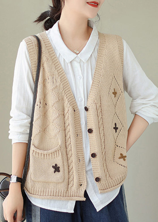 Casual Versatile Beige V Neck Embroideried Knit Vest Fall