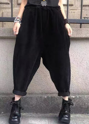 Casual Versatile Black Pockets Elastic Waist Corduroy Pants Fall