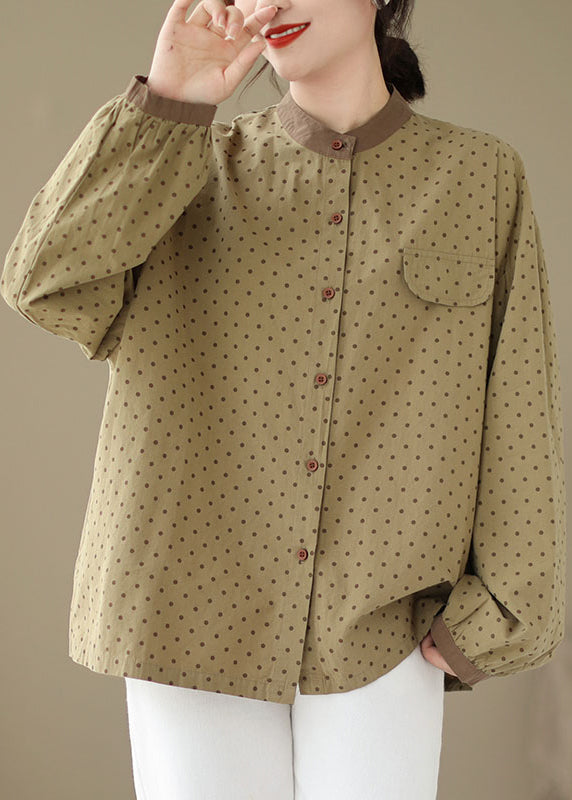 Casual Versatile Green Dot Print Plus Size Cotton Shirt Fall