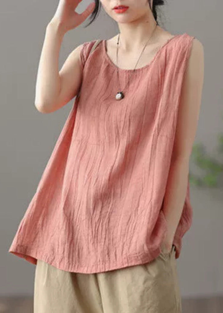 Casual Versatile Green O Neck Linen Tanks Sleeveless