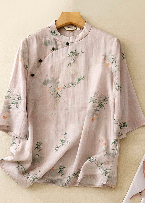 Casual Versatile Pink Stand Collar Print Cotton Shirts Summer