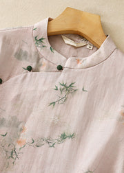 Casual Versatile Pink Stand Collar Print Cotton Shirts Summer