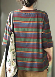 Casual Versatile Red O Neck Striped Cotton T Shirts Summer