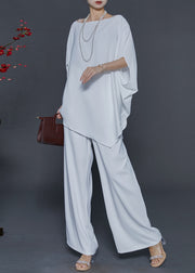 Casual White Asymmetrical Chiffon Two Piece Suit Set Batwing Sleeve