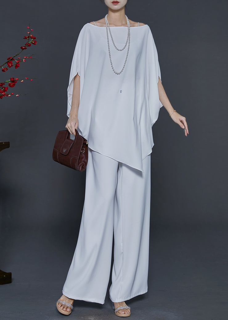 Casual White Asymmetrical Chiffon Two Piece Suit Set Batwing Sleeve