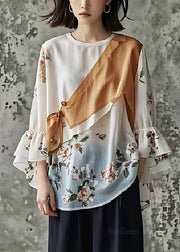 Casual White Asymmetrical Patchwork Print Cotton Shirts Spring