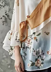 Casual White Asymmetrical Patchwork Print Cotton Shirts Spring