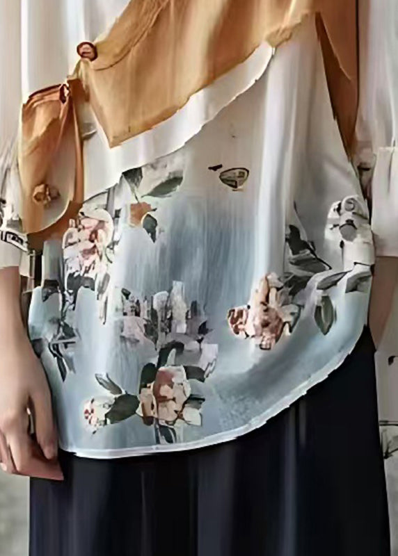 Casual White Asymmetrical Patchwork Print Cotton Shirts Spring