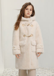 Casual White Button Kids Fuzzy Fur Hooded Maxi Coats Spring