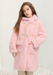 Casual White Button Kids Fuzzy Fur Hooded Maxi Coats Spring