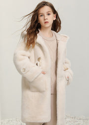 Casual White Button Kids Fuzzy Fur Hooded Maxi Coats Spring