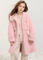 Casual White Button Kids Fuzzy Fur Hooded Maxi Coats Winter