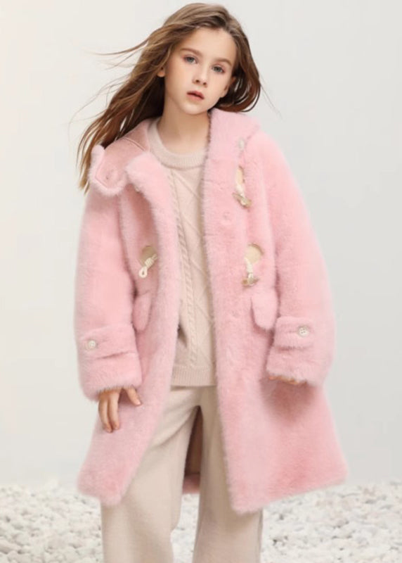 Casual White Button Kids Fuzzy Fur Hooded Maxi Coats Spring