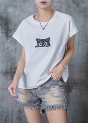 Casual White Cat Print Cotton Tank Tops Summer