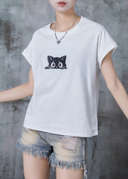 Casual White Cat Print Cotton Tank Tops Summer