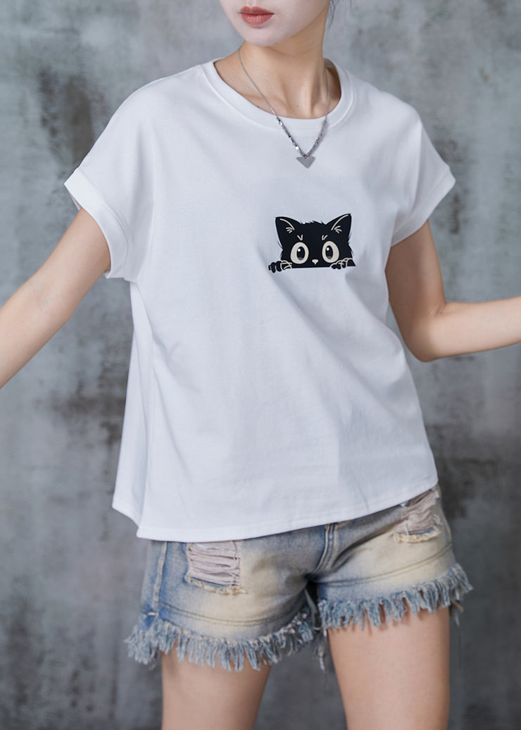 Casual White Cat Print Cotton Tank Tops Summer