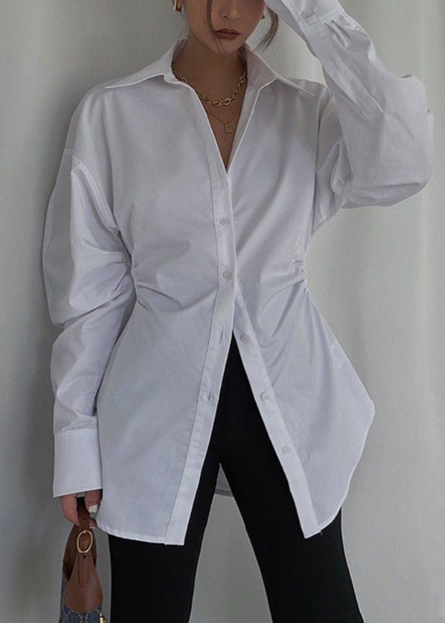 Casual White Cinched Cotton Blouse Tops Spring