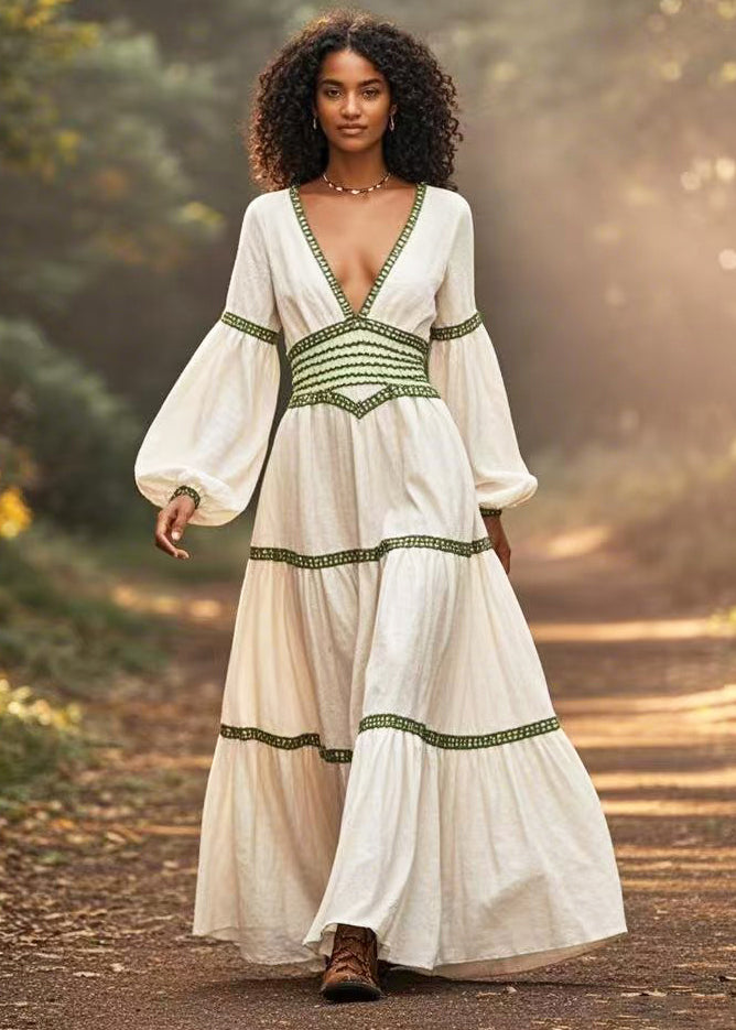 Casual White Cinched Patchwork Cotton Long Dresses Lantern Sleeve