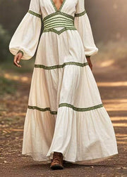 Casual White Cinched Patchwork Cotton Long Dresses Lantern Sleeve