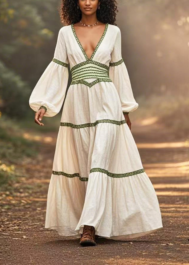 Casual White Cinched Patchwork Cotton Long Dresses Lantern Sleeve