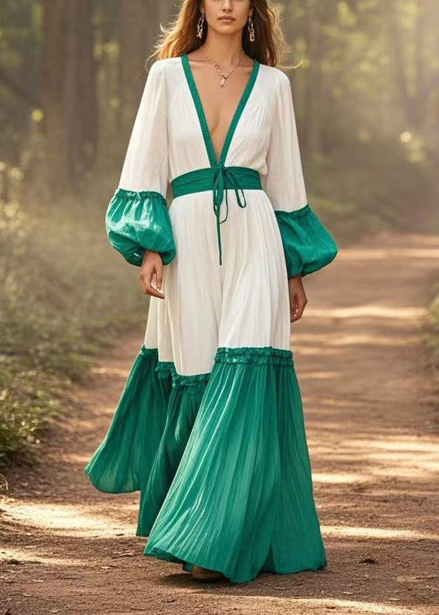 Casual White Cinched Patchwork Cotton Maxi Dresses Lantern Sleeve