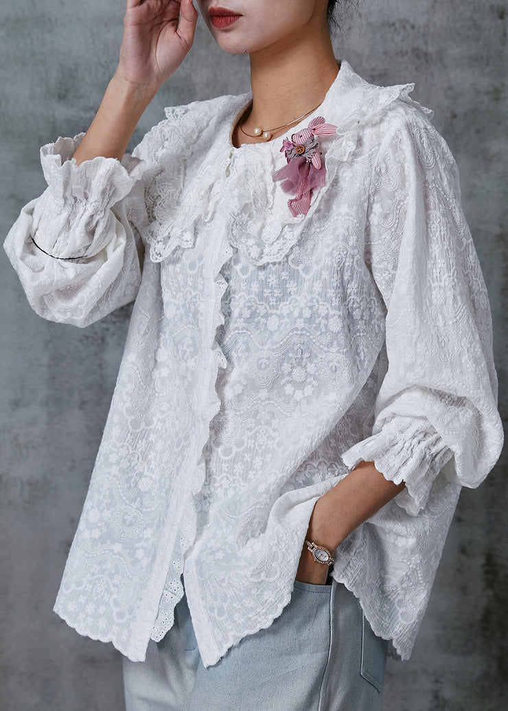 Casual White Double-layer Embroidered Cotton Blouse Top Spring
