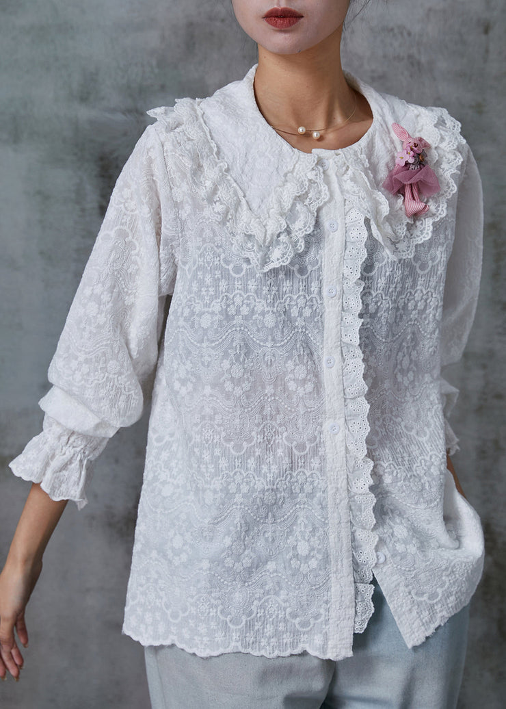 Casual White Double-layer Embroidered Cotton Blouse Top Spring