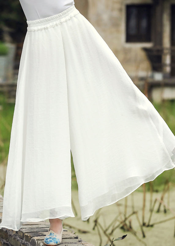 Casual White Elastic Waist Silk Wide Leg Pants Fall