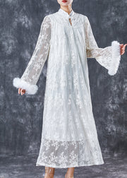 Casual White Embroidered Patchwork Mink Hair Lace Dresses Spring