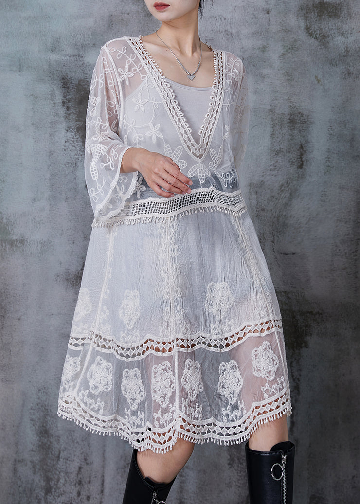 Casual White Embroidered Patchwork Tulle Dresses Summer