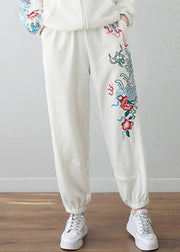 Casual White Embroideried Floral High Waist Pockets Beam Pants Fall