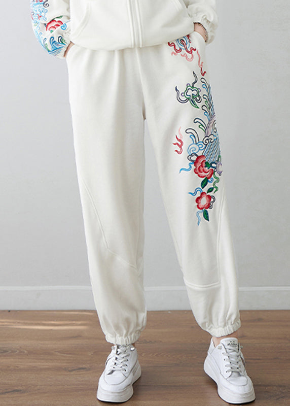 Casual White Embroideried Floral High Waist Pockets Beam Pants Fall