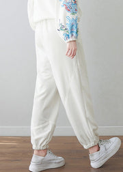 Casual White Embroideried Floral High Waist Pockets Beam Pants Fall