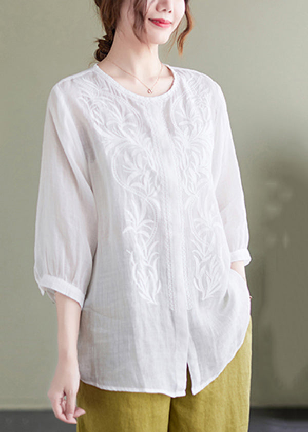 Casual White Embroidered Oversized Linen Shirt Summer