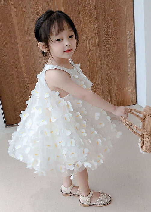 Casual White Floral Decorated Patchwork Tulle Baby Girls Dress Summer