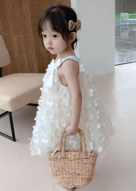 Casual White Floral Decorated Patchwork Tulle Baby Girls Dress Summer