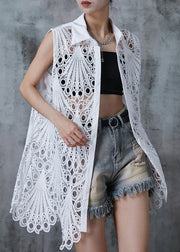 Casual White Hollow Out Lace Cardigan Sleeveless