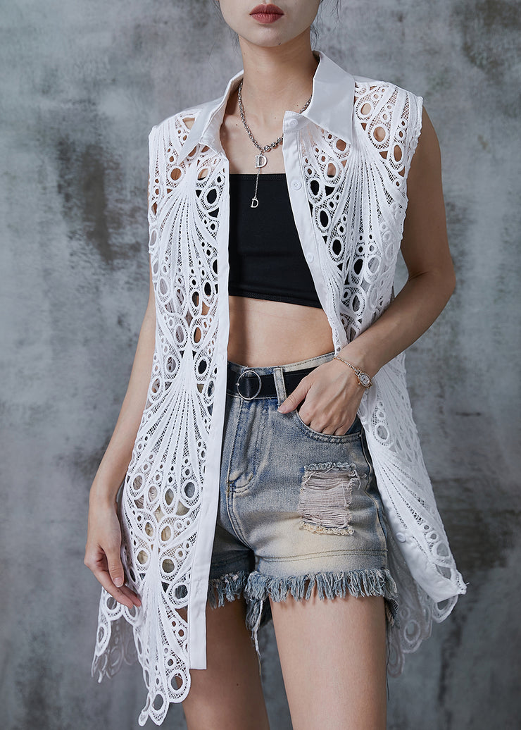Casual White Hollow Out Lace Cardigan Sleeveless