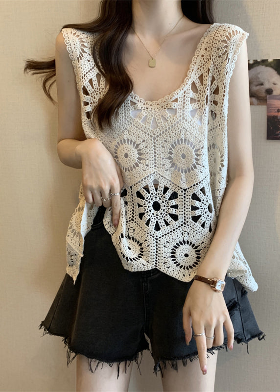 Casual White Hollow Out Oversized Knit Vests Summer