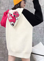 Casual White Hooded Cartoon Print Knit Top Spring