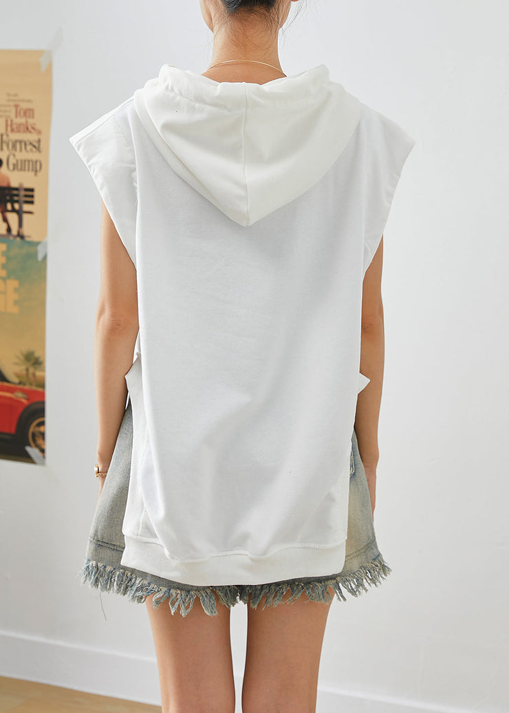 Casual White Hooded Drawstring Side Open Cotton Sweatshirts Top Sleeveless