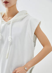 Casual White Hooded Drawstring Side Open Cotton Sweatshirts Top Sleeveless