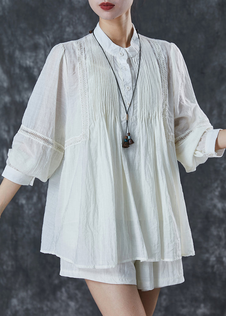 Casual White Lace Patchwork Wrinkled Cotton Two Pieces Set Summer