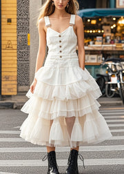 Casual White Layered Tulle Patchwork Denim Dress Summer