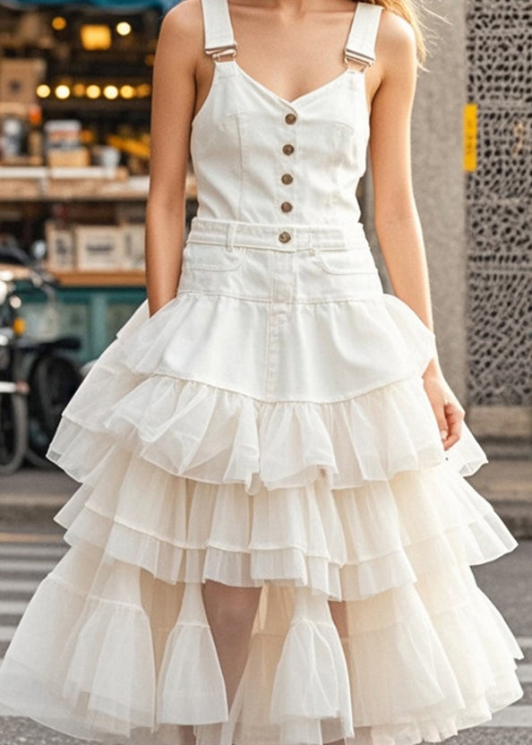 Casual White Layered Tulle Patchwork Denim Dress Summer