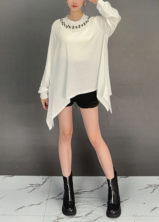 Casual White O-Neck Asymmetrical Cotton T Shirt Top Fall