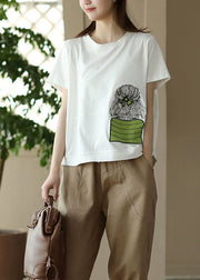 Casual White O-Neck Embroideried Patchwork Cotton Top Summer