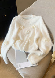 Casual White O-Neck Floral Mink Hair Knitted Sweaters Spring