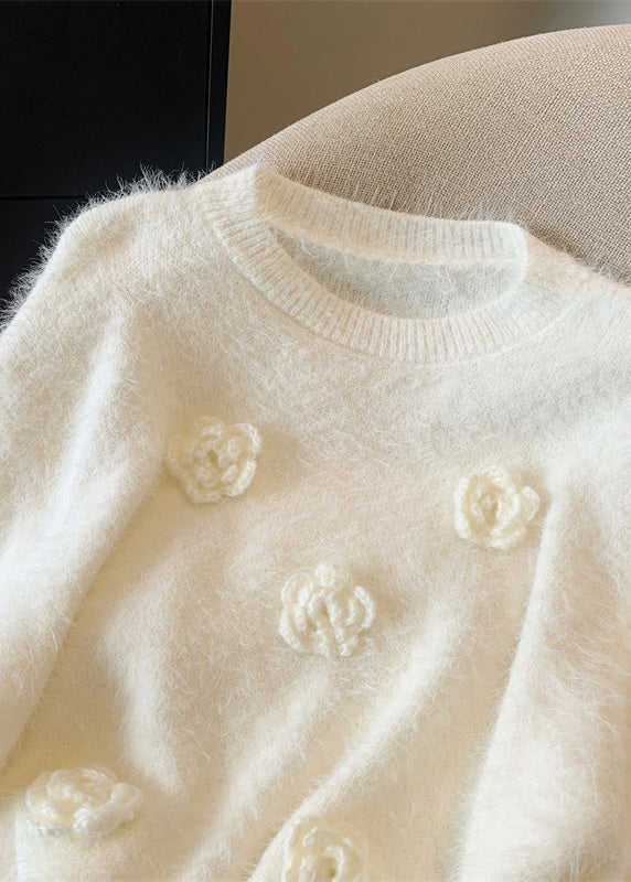 Casual White O-Neck Floral Mink Hair Knitted Sweaters Spring