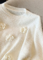 Casual White O-Neck Floral Mink Hair Knitted Sweaters Spring